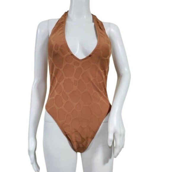 Monob Halter V-Neck Brown Giraffe Print One-Piece Swimsuit Nylon/Spandex Nude L - Picture 2 of 12